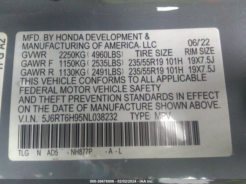 2022 Honda Cr-V Hybrid Touring VIN: 5J6RT6H95NL038232 Lot: 38676506