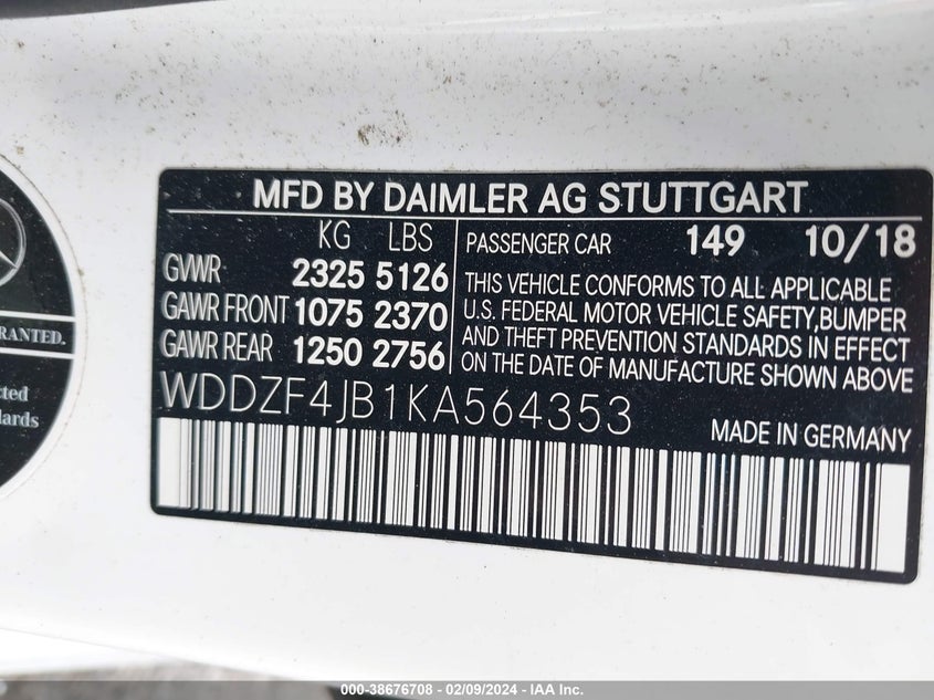 VIN WDDZF4JB1KA564353 2019 MERCEDES-BENZ E 300 300