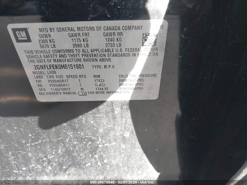 VIN 2GNFLFEK0H6151901 2017 CHEVROLET EQUINOX LT