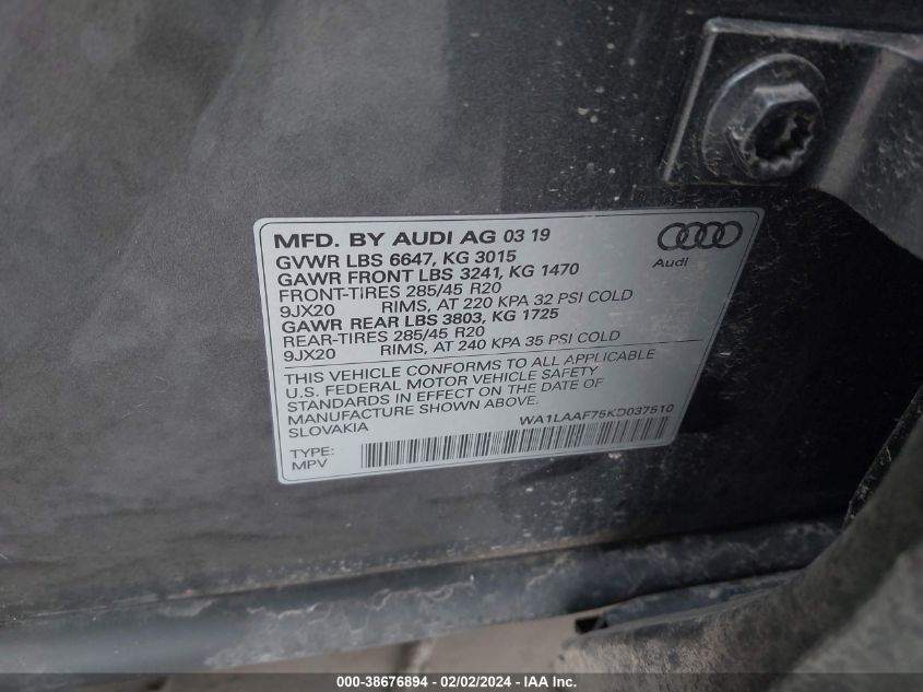 WA1LAAF75KD037510 2019 AUDI Q7, photo no. 9