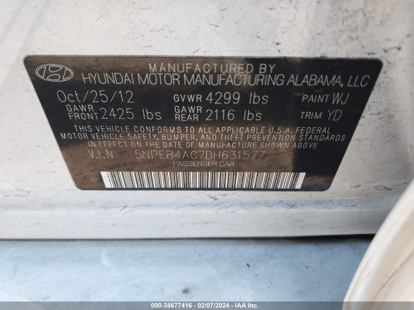 2013 Hyundai Sonata Gls VIN: 5NPEB4AC7DH631577 Lot: 38677416