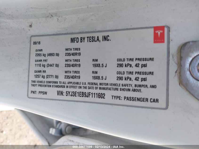 VIN 5YJ3E1EB9JF111602 2018 TESLA MODEL 3 LONG RANGE/PERFORMANCE