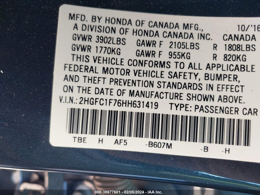 VIN 2HGFC1F76HH631419 2017 HONDA CIVIC EXL