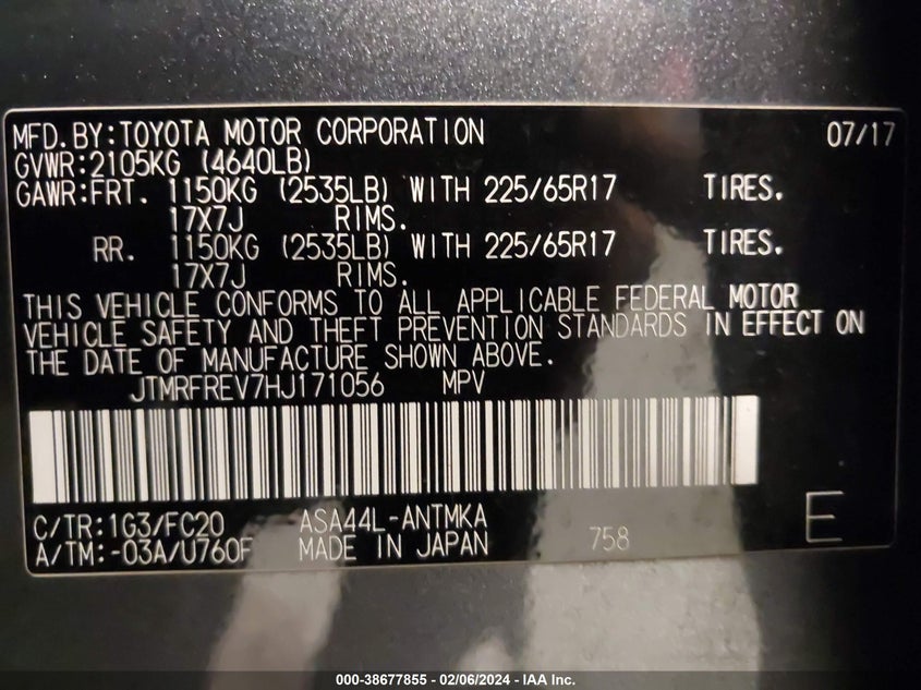 VIN JTMRFREV7HJ171056 2017 TOYOTA RAV4 XLE