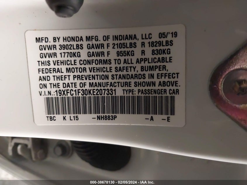 VIN 19XFC1F30KE207331 2019 HONDA CIVIC EX