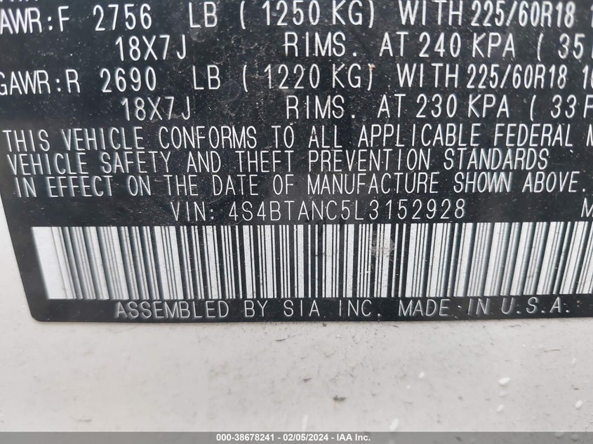 VIN 4S4BTANC5L3152928 2020 SUBARU OUTBACK LIMITED