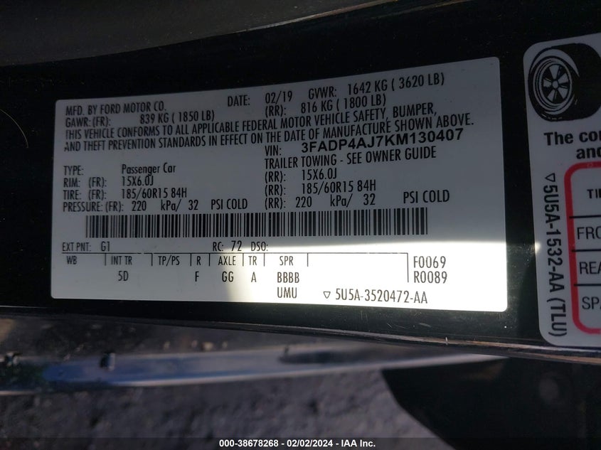 VIN 3FADP4AJ7KM130407 2019 FORD FIESTA S