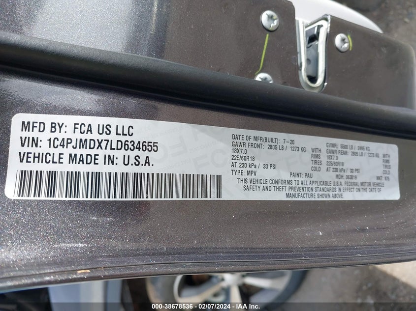 VIN 1C4PJMDX7LD634655 2020 JEEP CHEROKEE LIMITED