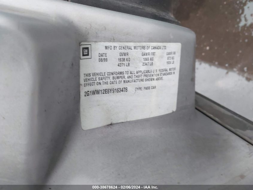 2000 Chevrolet Monte Carlo Ls VIN: 2G1WW12E8Y9163478 Lot: 38678624