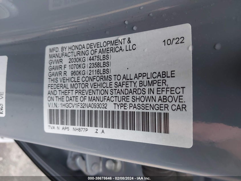 VIN 1HGCV1F32NA093032 2022 HONDA ACCORD SPORT