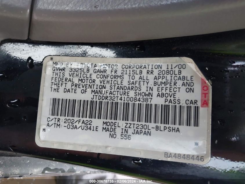 2001 Toyota Celica Gt VIN: JTDDR32T410084387 Lot: 38678735