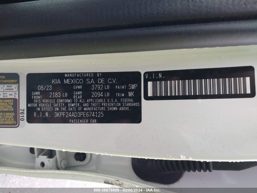 VIN 3KPF24AD3PE674125 2023 KIA FORTE LXS