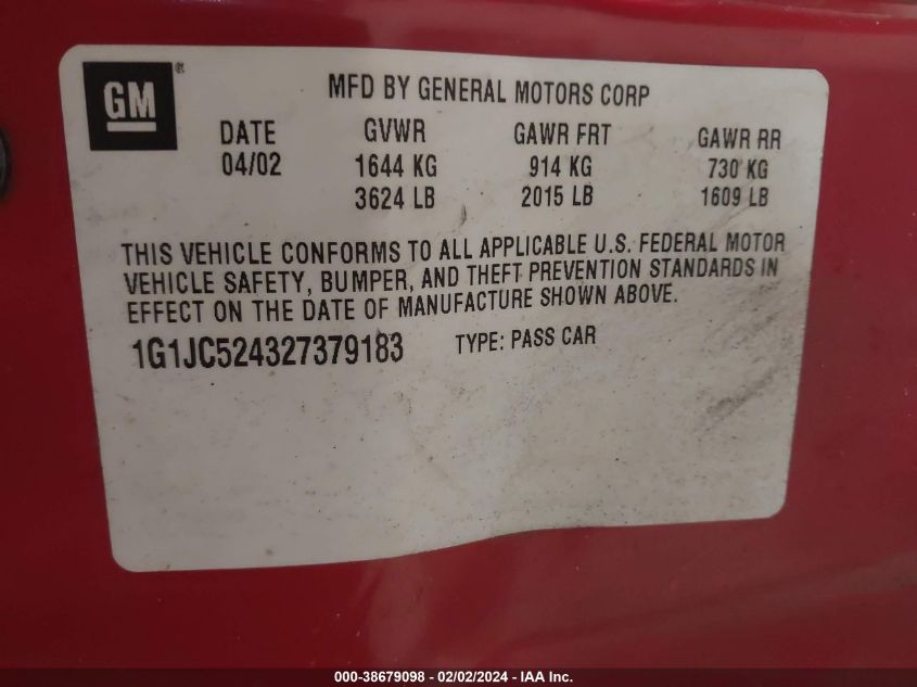 2002 Chevrolet Cavalier VIN: 1G1JC524327379183 Lot: 38679098