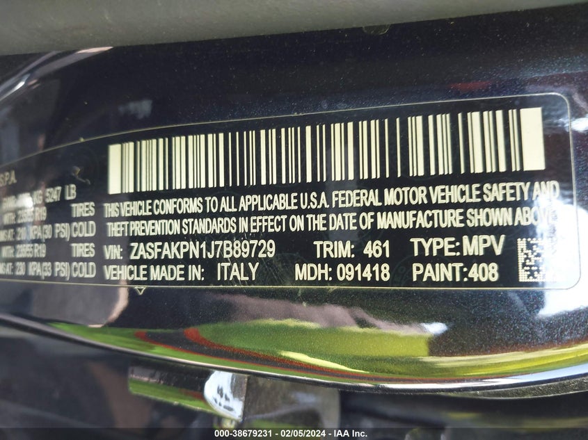 VIN ZASFAKPN1J7B89729 2018 ALFA ROMEO STELVIO SPORT