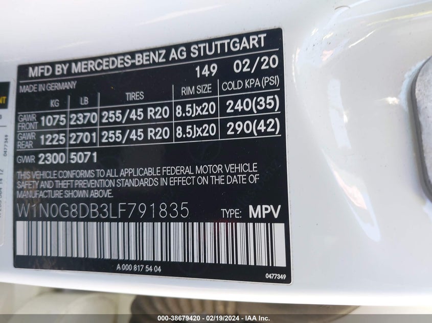 2020 MERCEDES-BENZ GLC 300 VIN: W1N0G8DB3LF791835