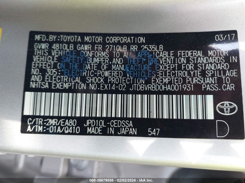 2017 TOYOTA MIRAI VIN: JTDBVRBD0HA001931