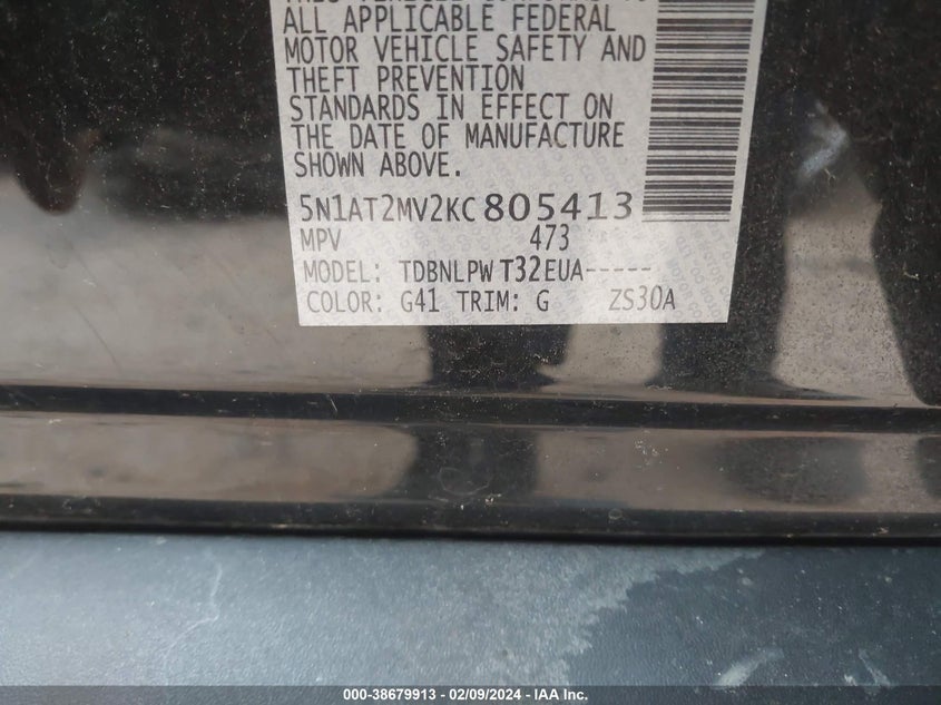 VIN 5N1AT2MV2KC805413 2019 NISSAN ROGUE S/SL/SV