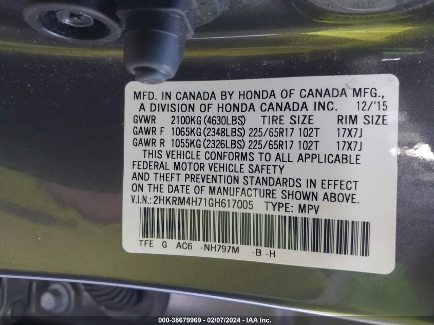 2016 HONDA CR-V EXL - 2HKRM4H71GH617005