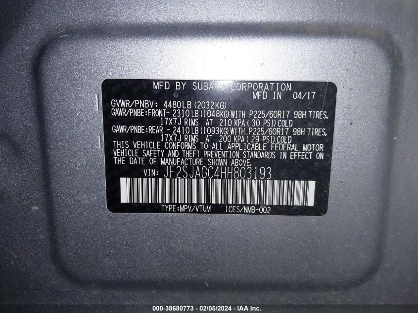 2017 Subaru Forester 2.5I Premium VIN: JF2SJAGC4HH803193 Lot: 38680773