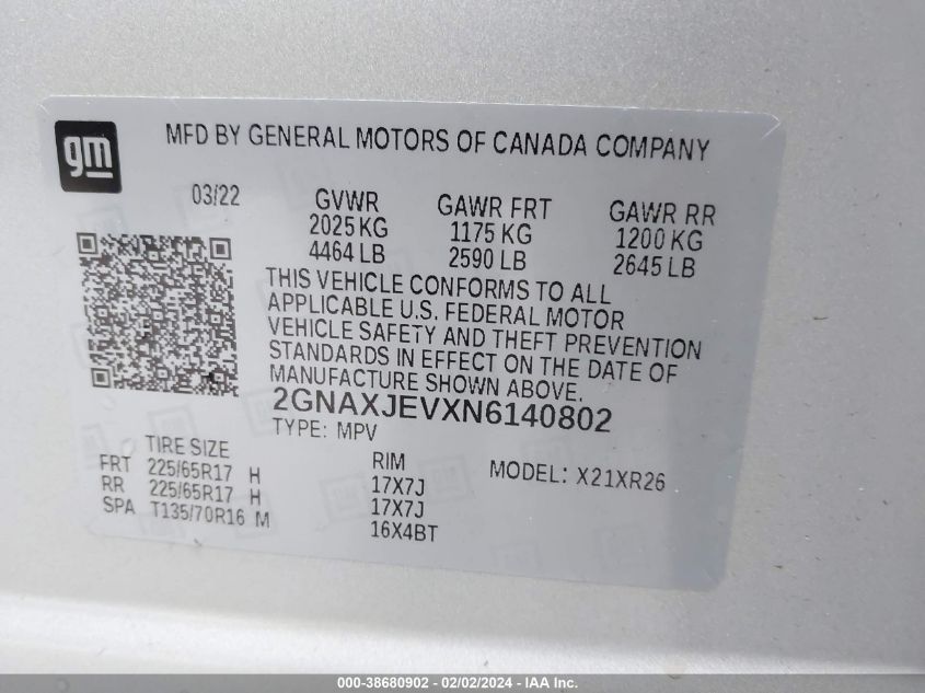 2022 Chevrolet Equinox Lt VIN: 2GNAXJEVXN6140802 Lot: 49550444