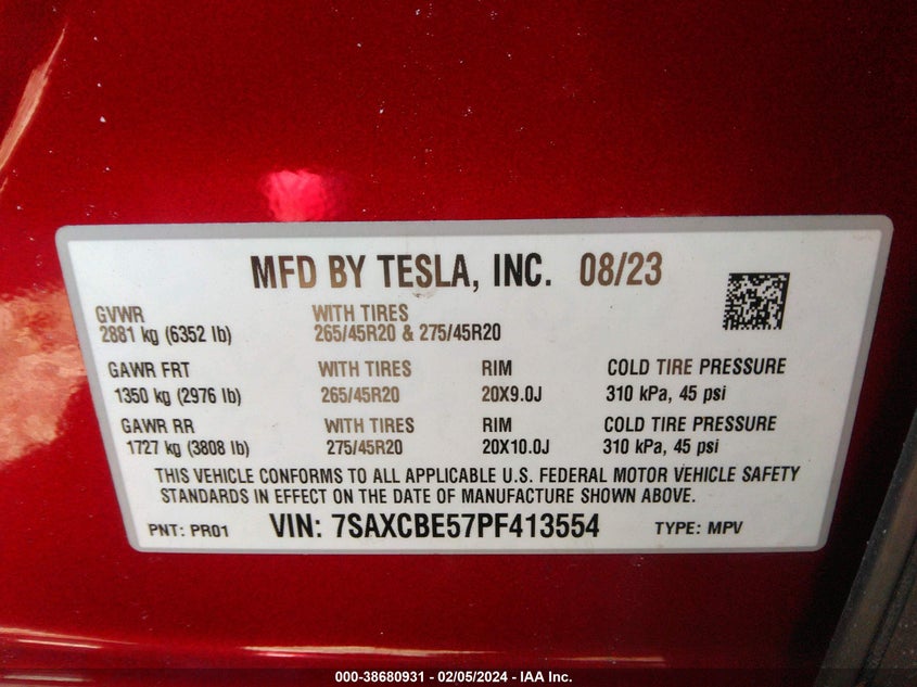 2023 TESLA MODEL X U   U(VIN: 7SAXCBE57PF413554