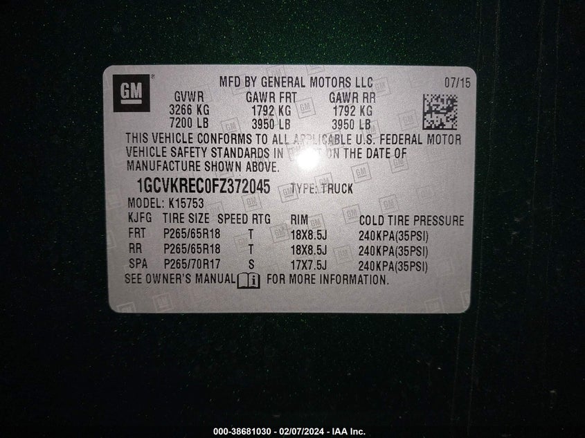 2015 CHEVROLET SILVERADO 1500 1LT VIN: 1GCVKREC0FZ372045