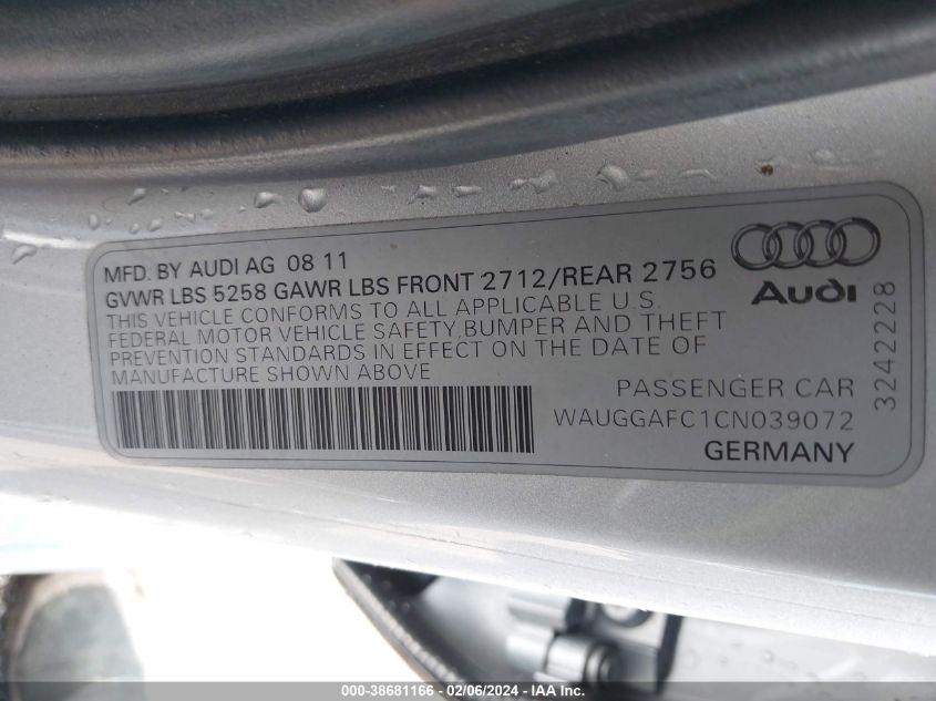 2012 Audi A6 3.0 Premium VIN: WAUGGAFC1CN039072 Lot: 38681166