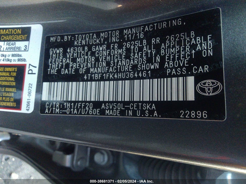 2017 TOYOTA CAMRY SE - 4T1BF1FK4HU364461