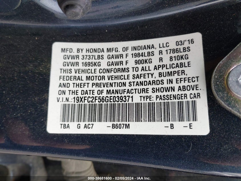 2016 HONDA CIVIC LX - 19XFC2F56GE039371
