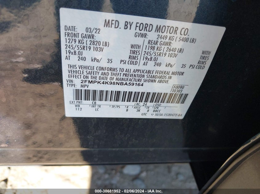 2022 FORD EDGE 2.0L I4   N(VIN: 2FMPK4K98NBA59164