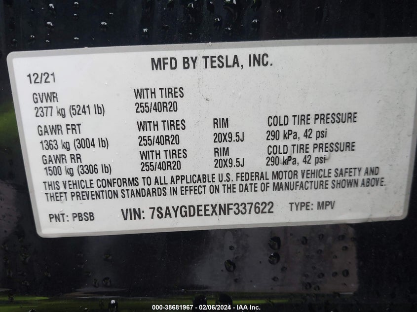 2022 TESLA MODEL Y U   U(VIN: 7SAYGDEEXNF337622
