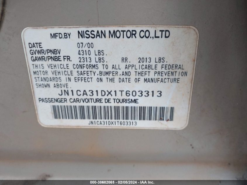 2001 Nissan Maxima Gle VIN: JN1CA31DX1T603313 Lot: 38682061