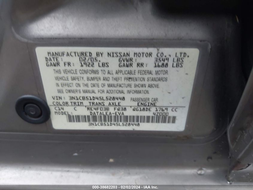 2005 Nissan Sentra 1.8S VIN: 3N1CB51D45L528448 Lot: 38682203