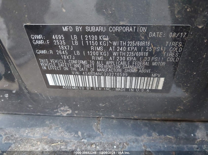 VIN 4S4BSANC3J3218599 2018 SUBARU OUTBACK 2.5I LIMITED