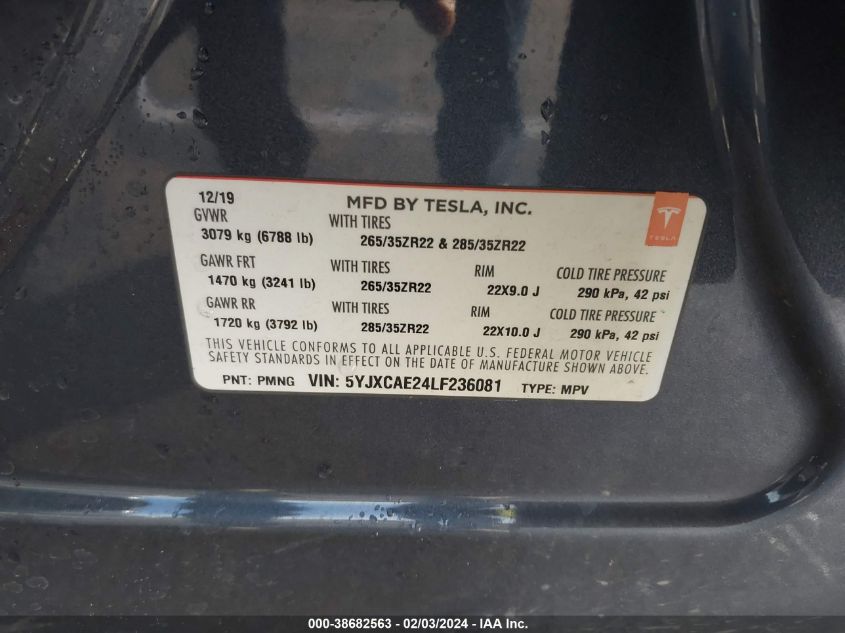 2020 Tesla Model X Long Range Dual Motor All-Wheel Drive/Long Range Plus Dual Motor All-Wheel Drive VIN: 5YJXCAE24LF236081 Lot: 38682563