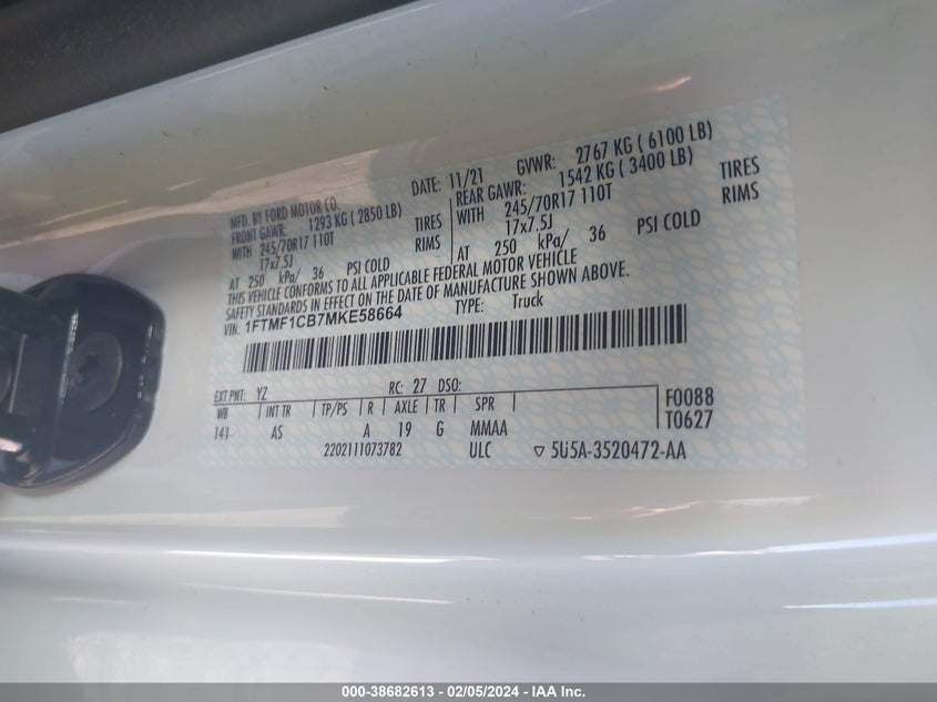 2021 FORD F-150 3.3L V-6 DI, DOHC, V(VIN: 1FTMF1CB7MKE58664