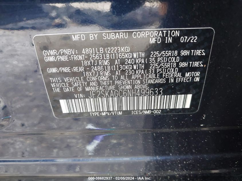 2022 Subaru Forester Sport VIN: JF2SKAGC6NH499633 Lot: 38682937