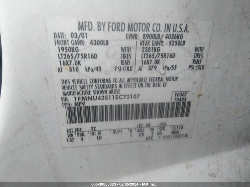 2001 Ford Excursion Limited VIN: 1FMNU43S11EC73107 Lot: 38683023