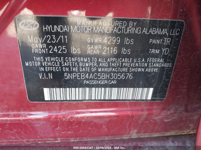 2011 Hyundai Sonata Gls VIN: 5NPEB4AC5BH305676 Lot: 38683347