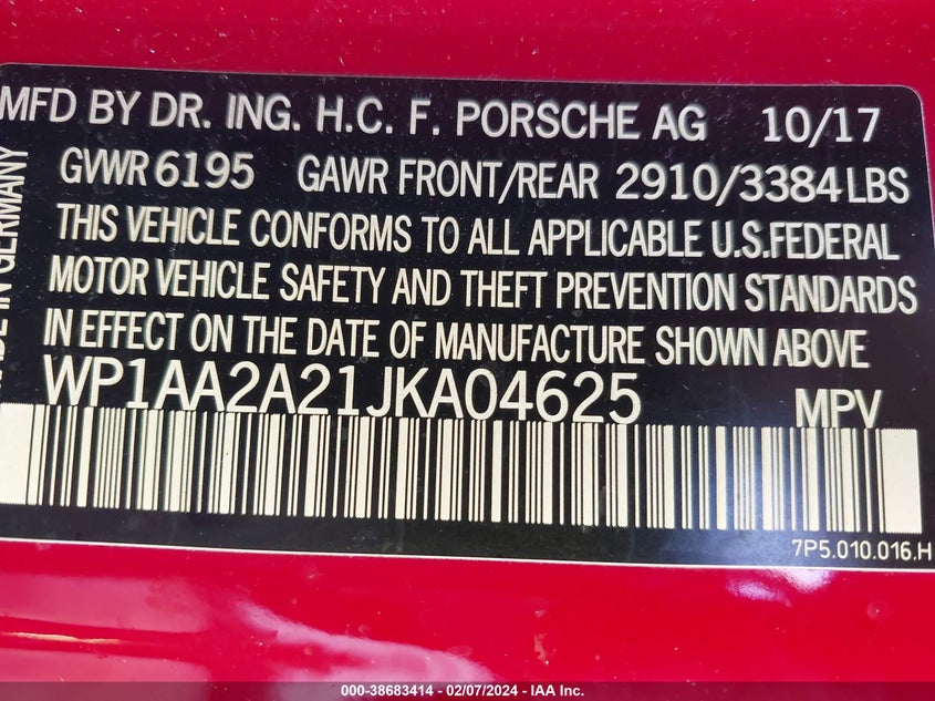 VIN WP1AA2A21JKA04625 2018 PORSCHE CAYENNE