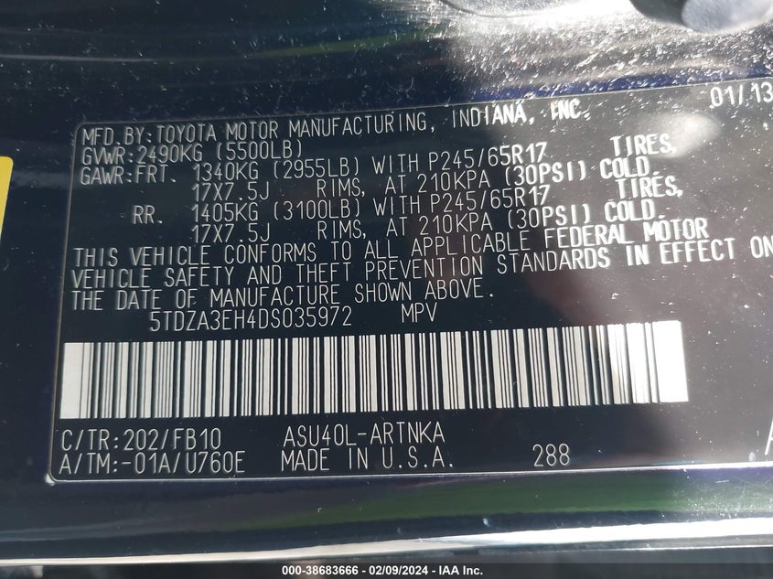 2013 TOYOTA HIGHLANDER - 5TDZA3EH4DS035972