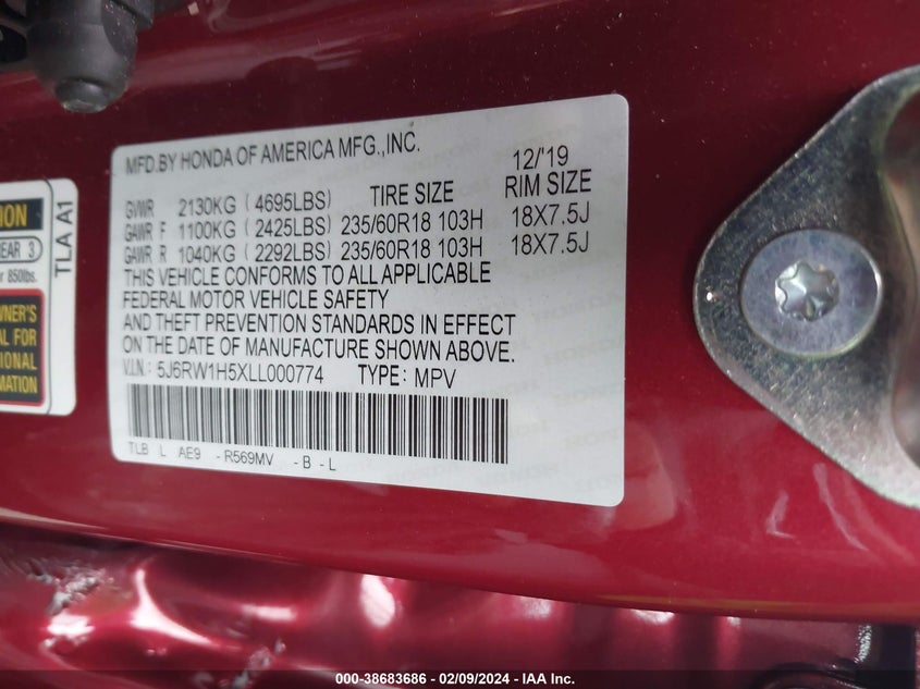 VIN 5J6RW1H5XLL000774 2020 HONDA CR-V EX