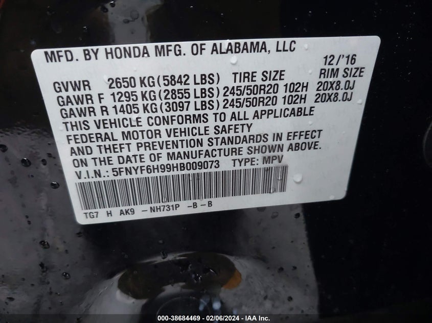 VIN 5FNYF6H99HB009073 2017 HONDA PILOT TOURING