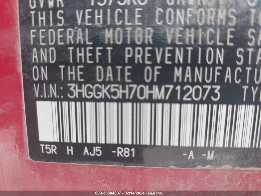 VIN 3HGGK5H70HM712073 2017 HONDA FIT EX