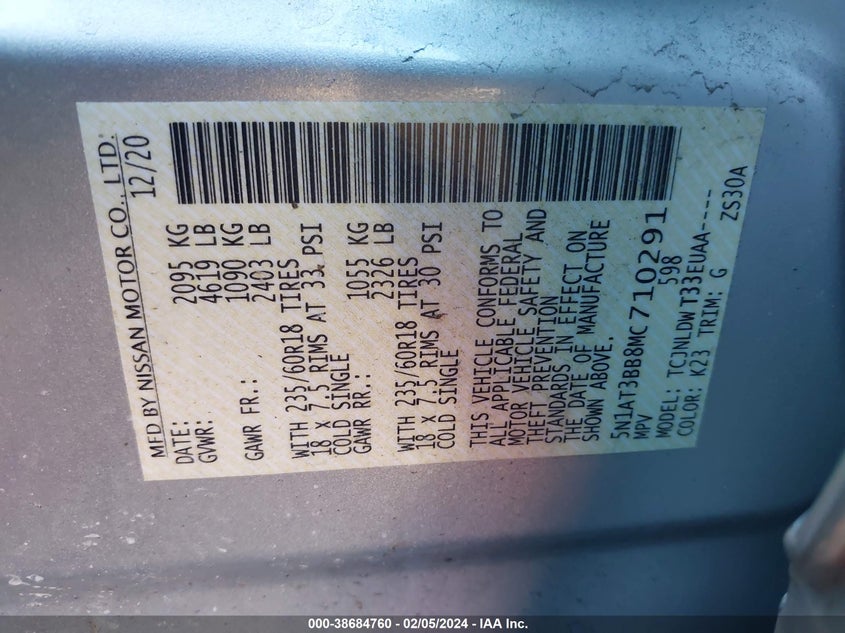 2021 NISSAN ROGUE 2.5L I-4 DI, DOHC, V(VIN: 5N1AT3BB8MC710291