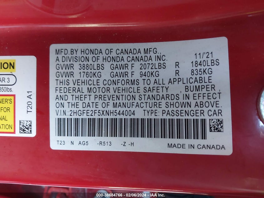 VIN 2HGFE2F5XNH544004 2022 HONDA CIVIC SPORT