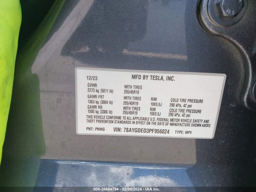 2023 TESLA MODEL Y U   U(VIN: 7SAYGDED3PF956024