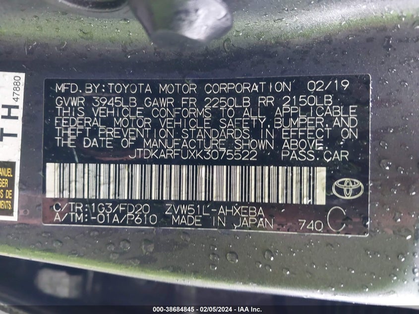 VIN JTDKARFUXK3075522 2019 TOYOTA PRIUS LE