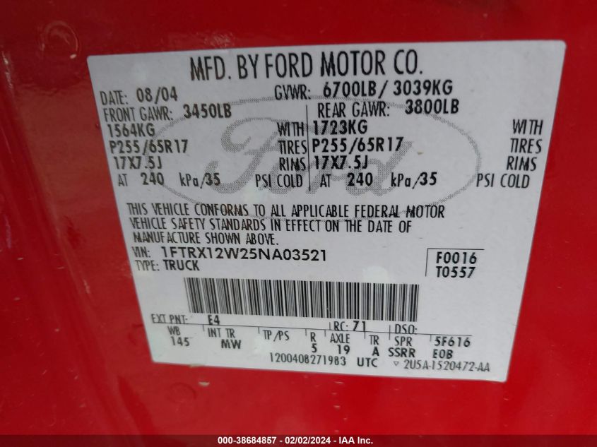 1FTRX12W25NA03521 2005 Ford F-150 Stx/Xl/Xlt