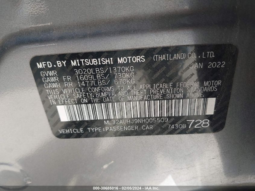 2022 Mitsubishi Mirage Es/Le VIN: ML32AUHJ9NH005509 Lot: 38685016